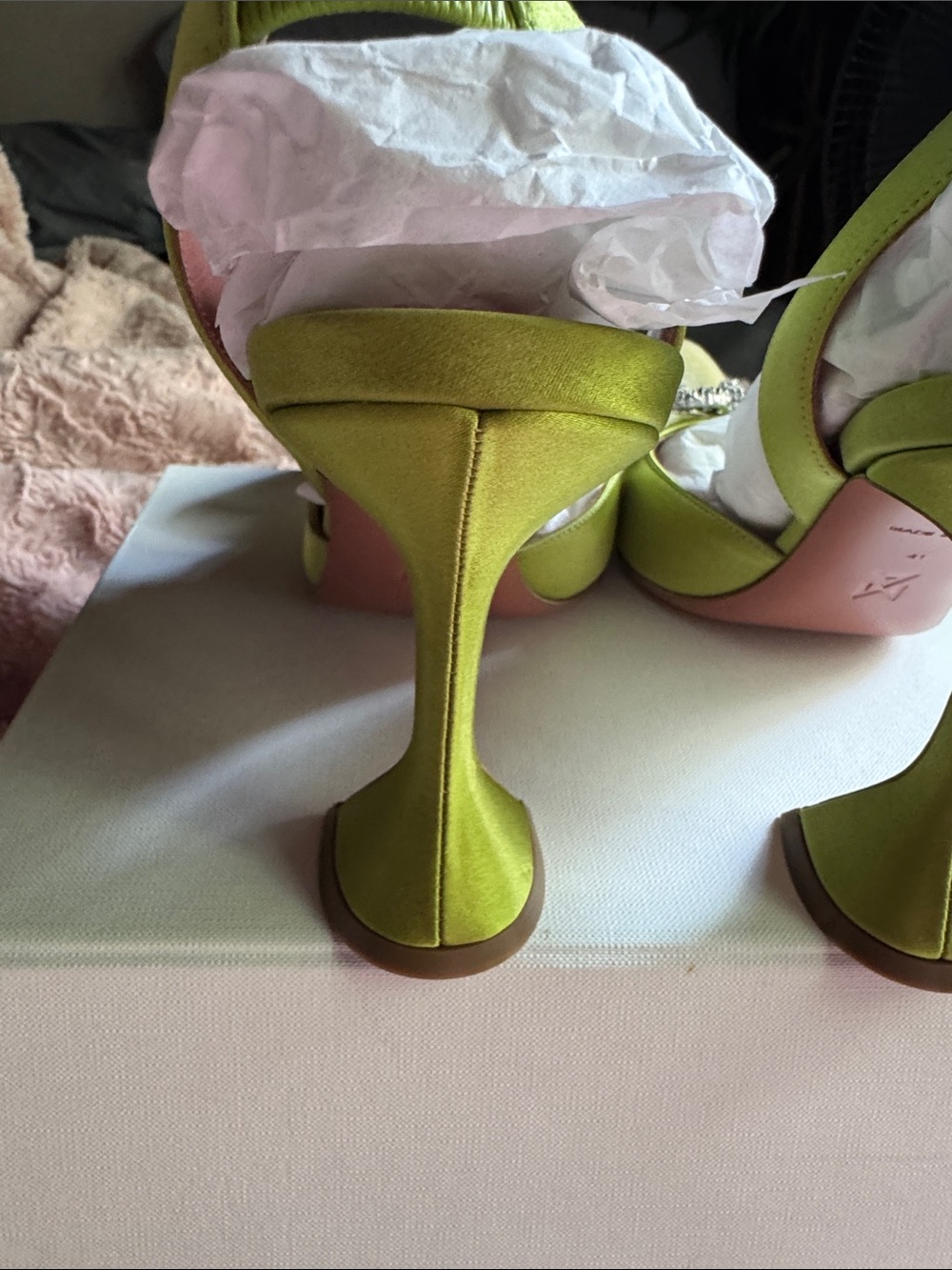Amina Muaddi Lime Green Satin Crystal Bow Slingback begum cloth mules - Picture 6 of 12